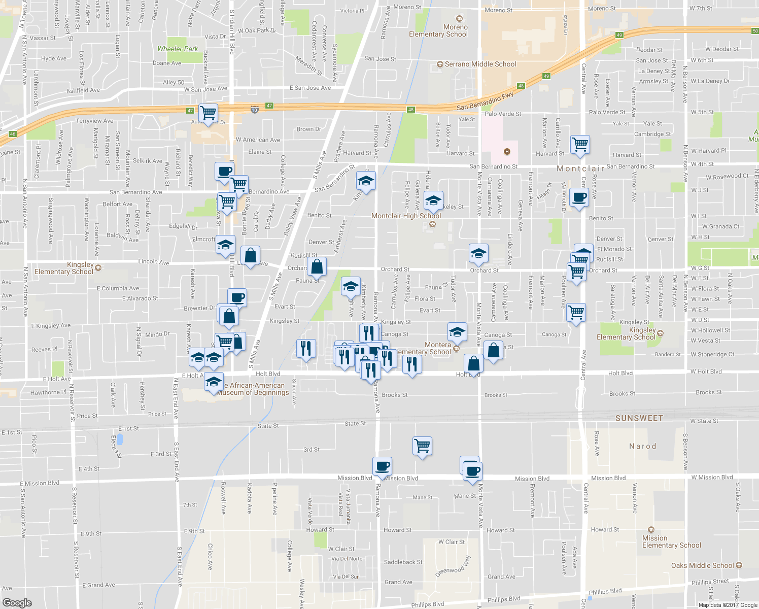 map of restaurants, bars, coffee shops, grocery stores, and more near 4511 Flora Street in Montclair