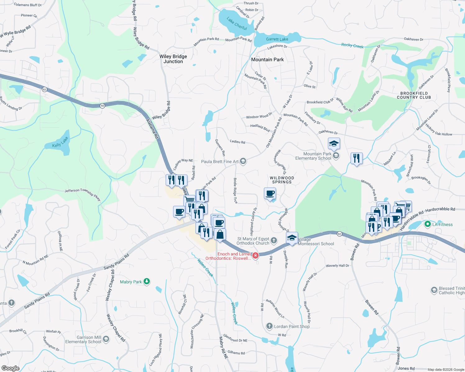 map of restaurants, bars, coffee shops, grocery stores, and more near 1980 Bridle Ridge Trce in Roswell