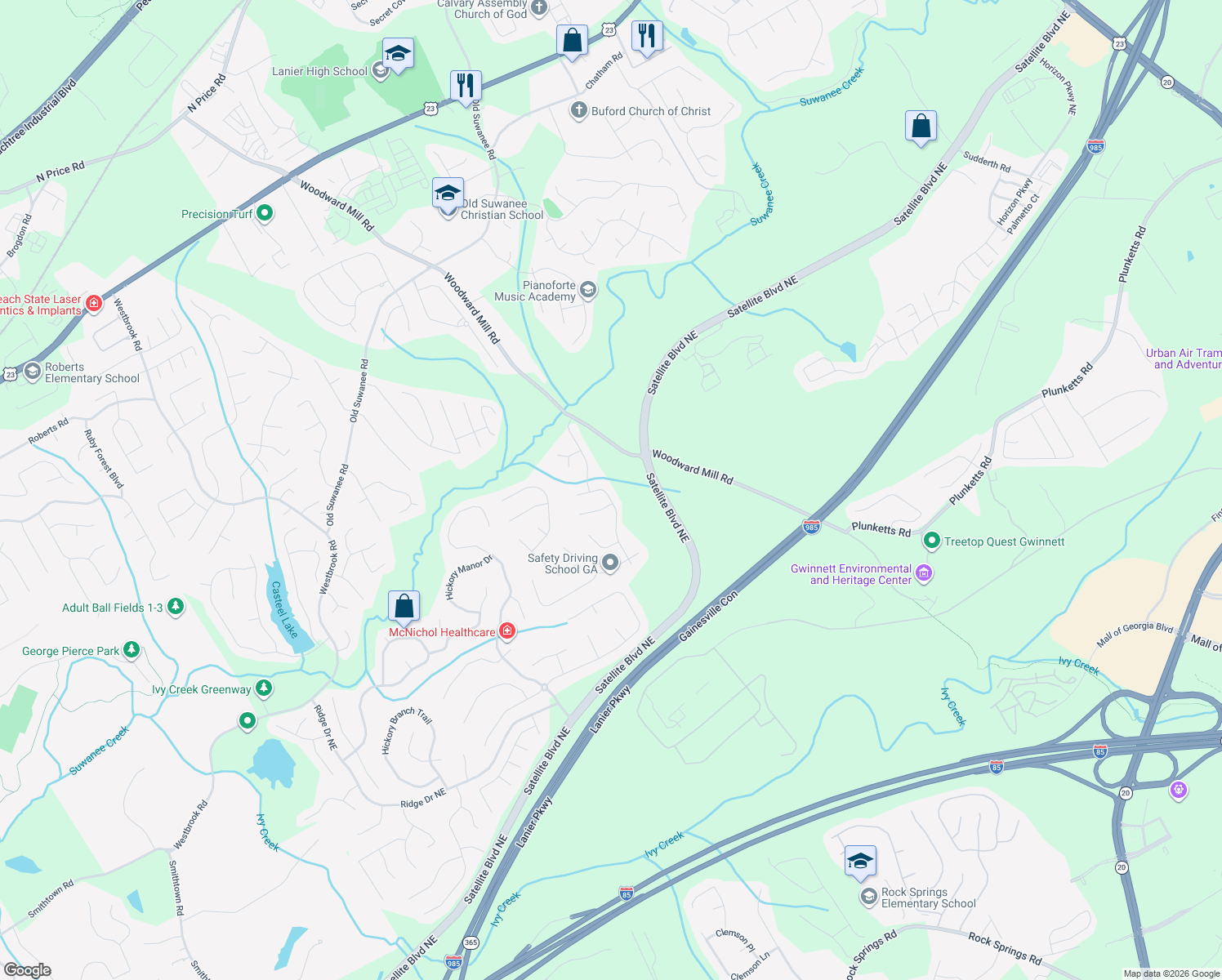 map of restaurants, bars, coffee shops, grocery stores, and more near 3811 Roxfield Drive Northeast in Buford