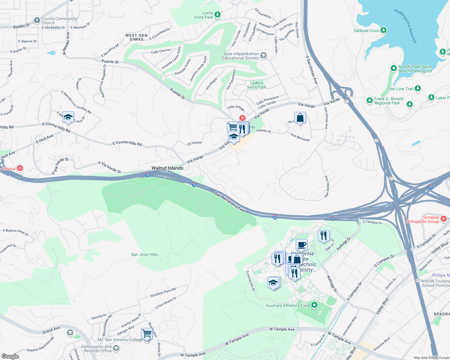 map of restaurants, bars, coffee shops, grocery stores, and more near 2360 Vía Fresa in San Dimas