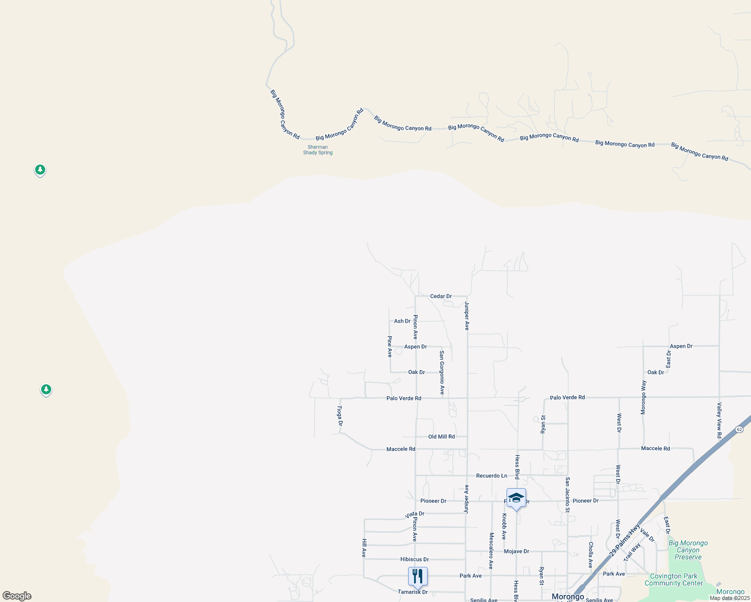 map of restaurants, bars, coffee shops, grocery stores, and more near 10122 Pine Avenue in Morongo Valley