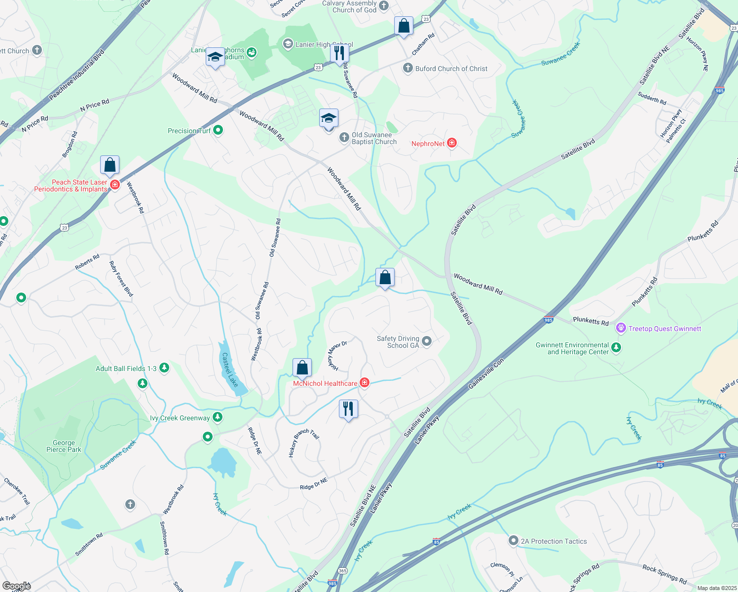 map of restaurants, bars, coffee shops, grocery stores, and more near 4033 Roxberry Hill Lane Northeast in Buford