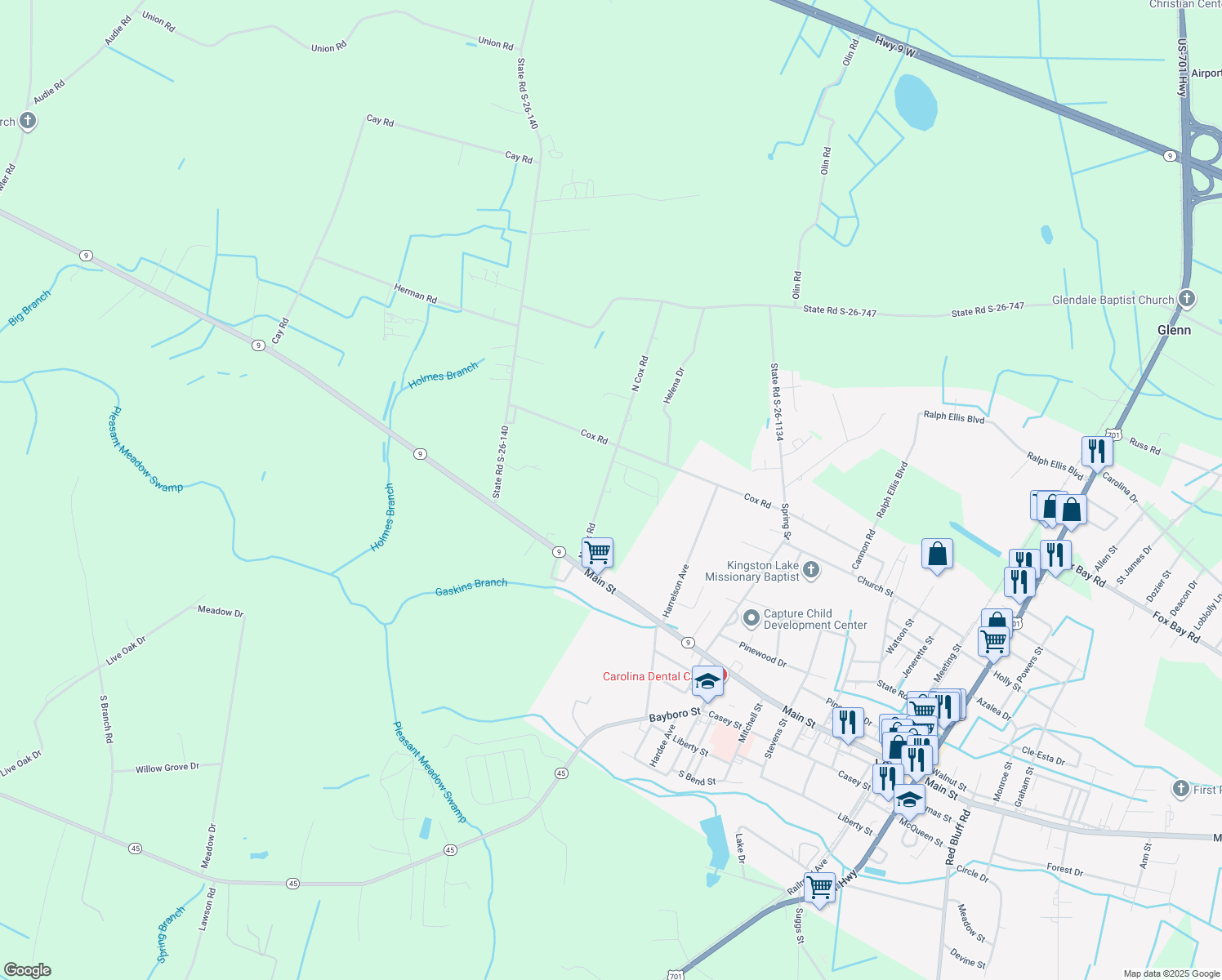 map of restaurants, bars, coffee shops, grocery stores, and more near 160 North Cox Road in Loris