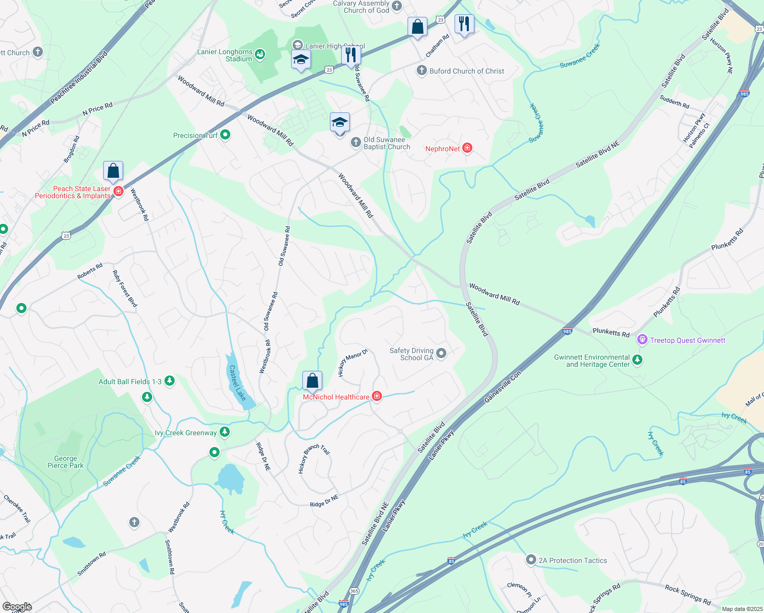 map of restaurants, bars, coffee shops, grocery stores, and more near 4033 Roxberry Hill Lane Northeast in Buford
