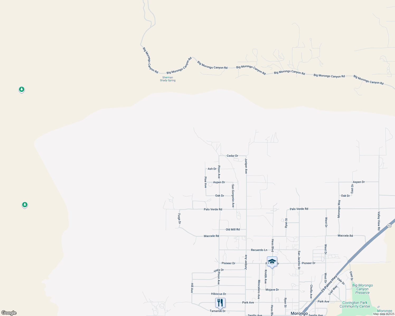 map of restaurants, bars, coffee shops, grocery stores, and more near 10122 Pine Avenue in Morongo Valley