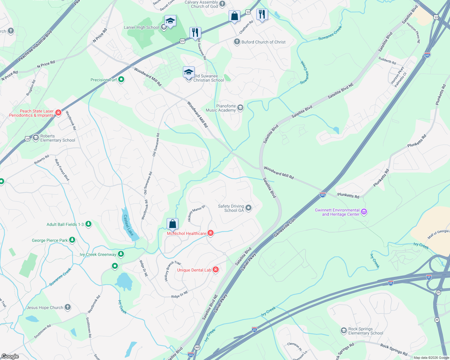 map of restaurants, bars, coffee shops, grocery stores, and more near 3963 Roxberry Hill Lane Northeast in Buford