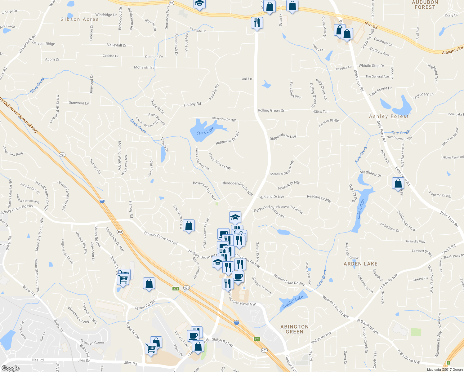 map of restaurants, bars, coffee shops, grocery stores, and more near 1431 Rhododendron Drive Northwest in Acworth