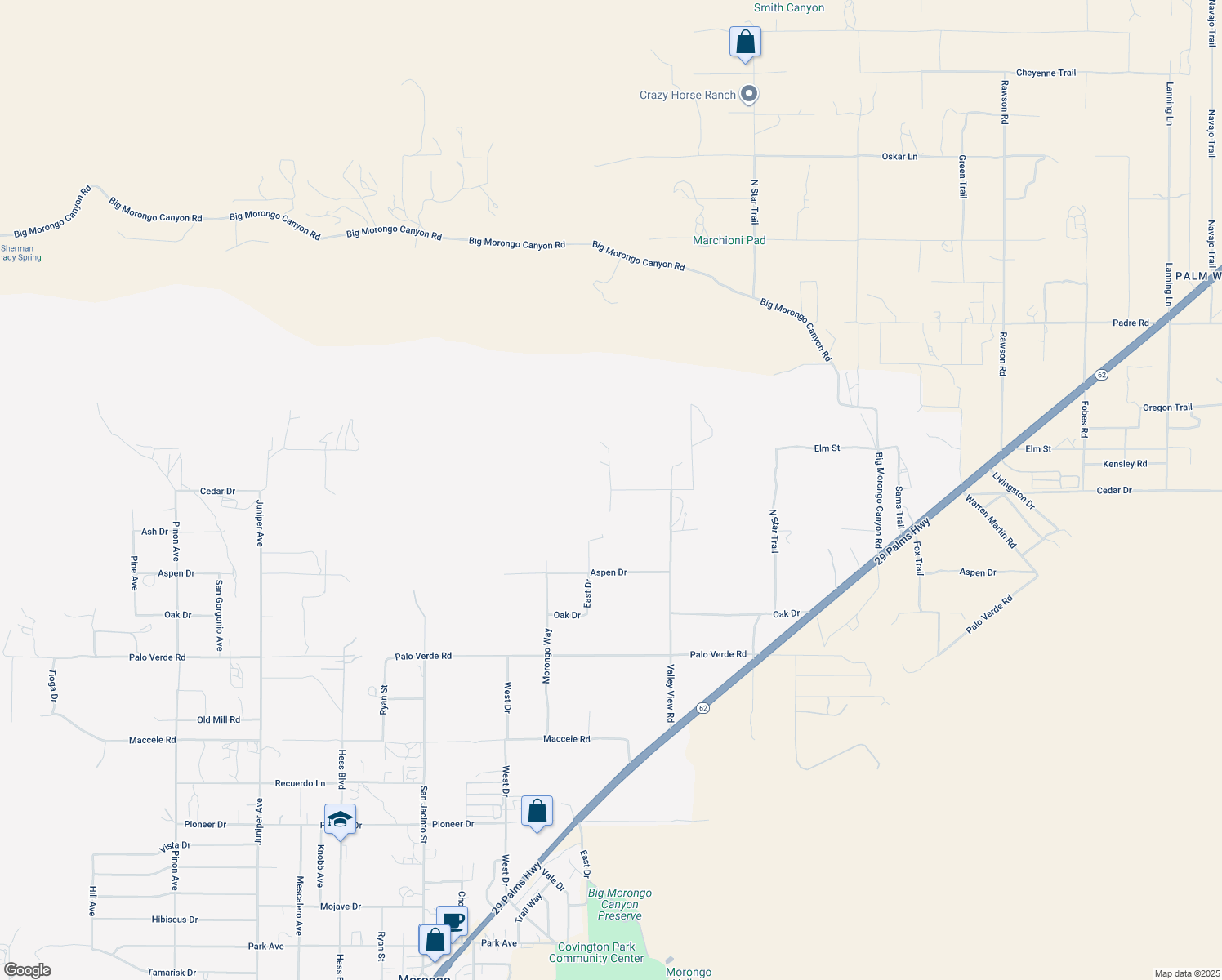 map of restaurants, bars, coffee shops, grocery stores, and more near Cedar Drive in Morongo Valley