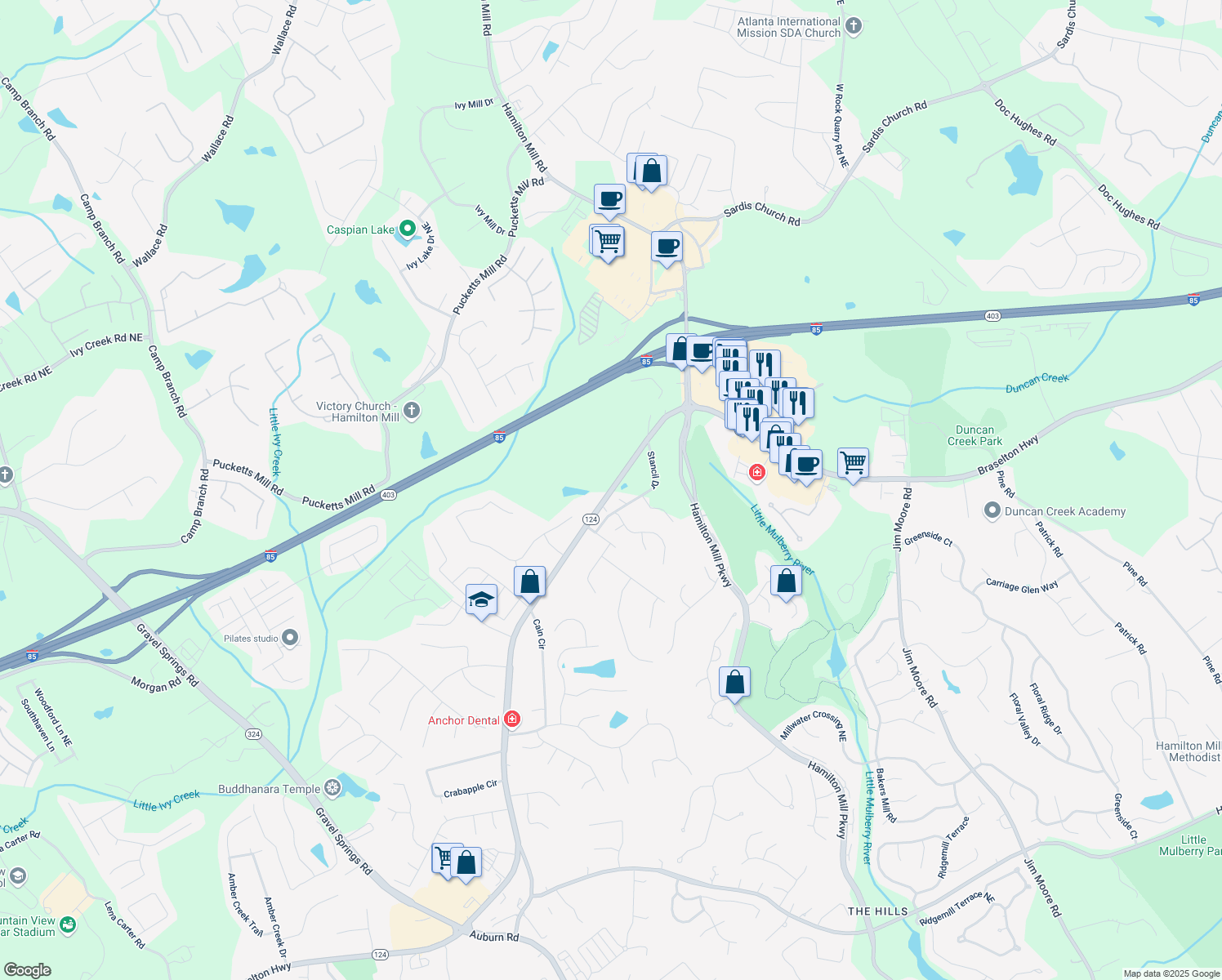 map of restaurants, bars, coffee shops, grocery stores, and more near 3238 Braselton Highway in Dacula