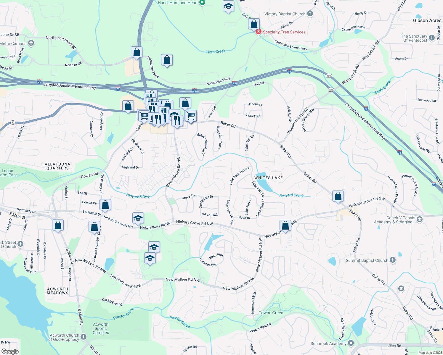 map of restaurants, bars, coffee shops, grocery stores, and more near 4733 Julian Way in Acworth