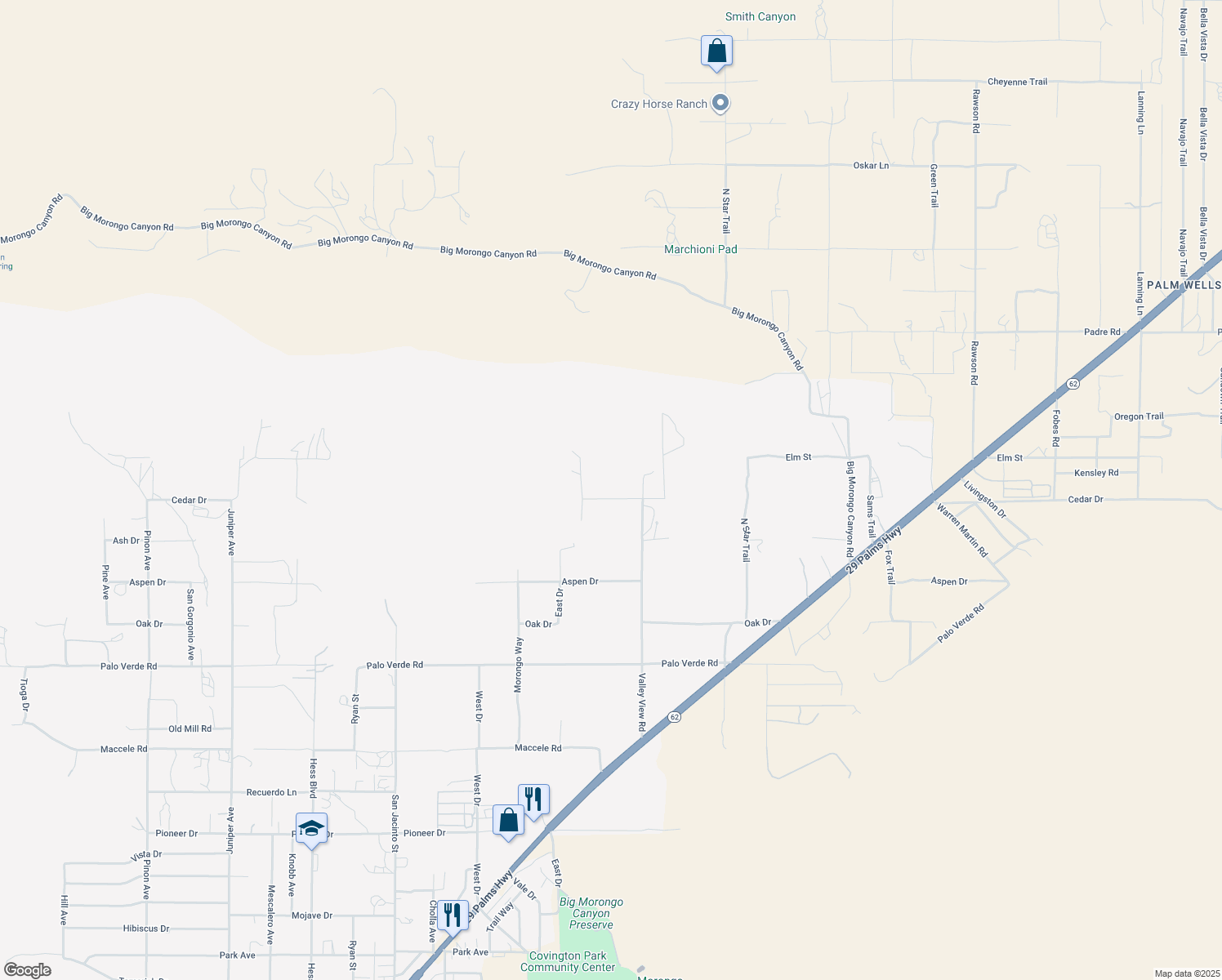 map of restaurants, bars, coffee shops, grocery stores, and more near 50212 Cedar Drive in Morongo Valley