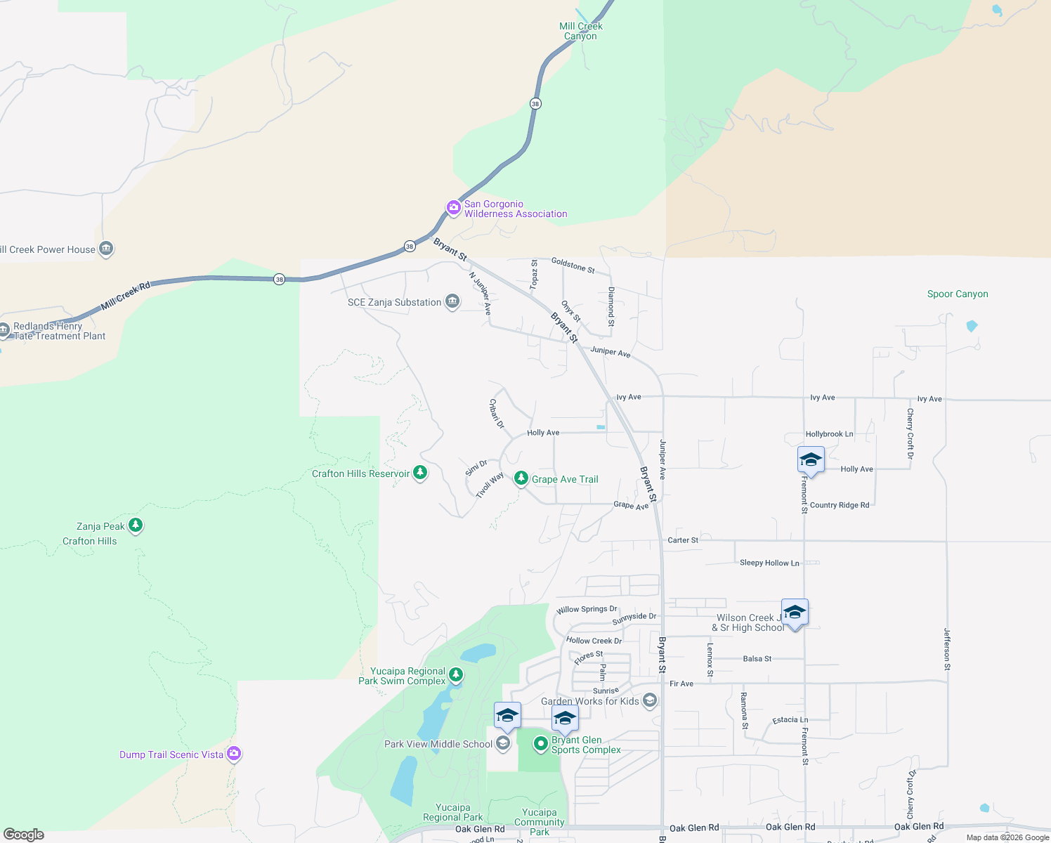 map of restaurants, bars, coffee shops, grocery stores, and more near 34879 Olive Tree Lane in Yucaipa