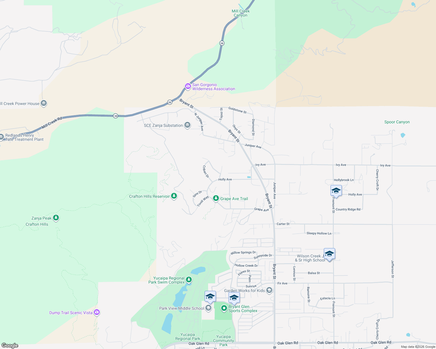 map of restaurants, bars, coffee shops, grocery stores, and more near 34879 Olive Tree Lane in Yucaipa