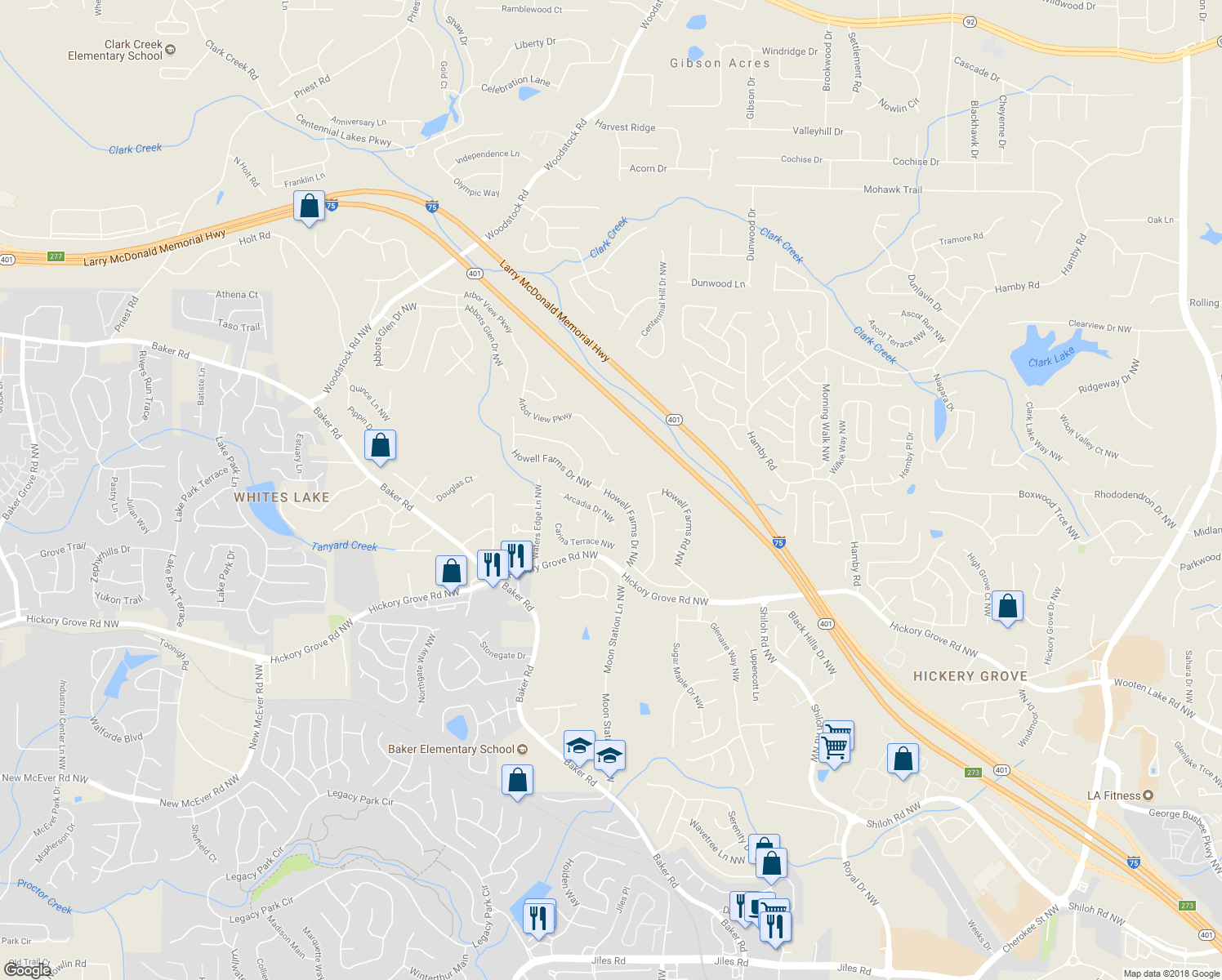 map of restaurants, bars, coffee shops, grocery stores, and more near 4630 Howell Farms Drive Northwest in Acworth