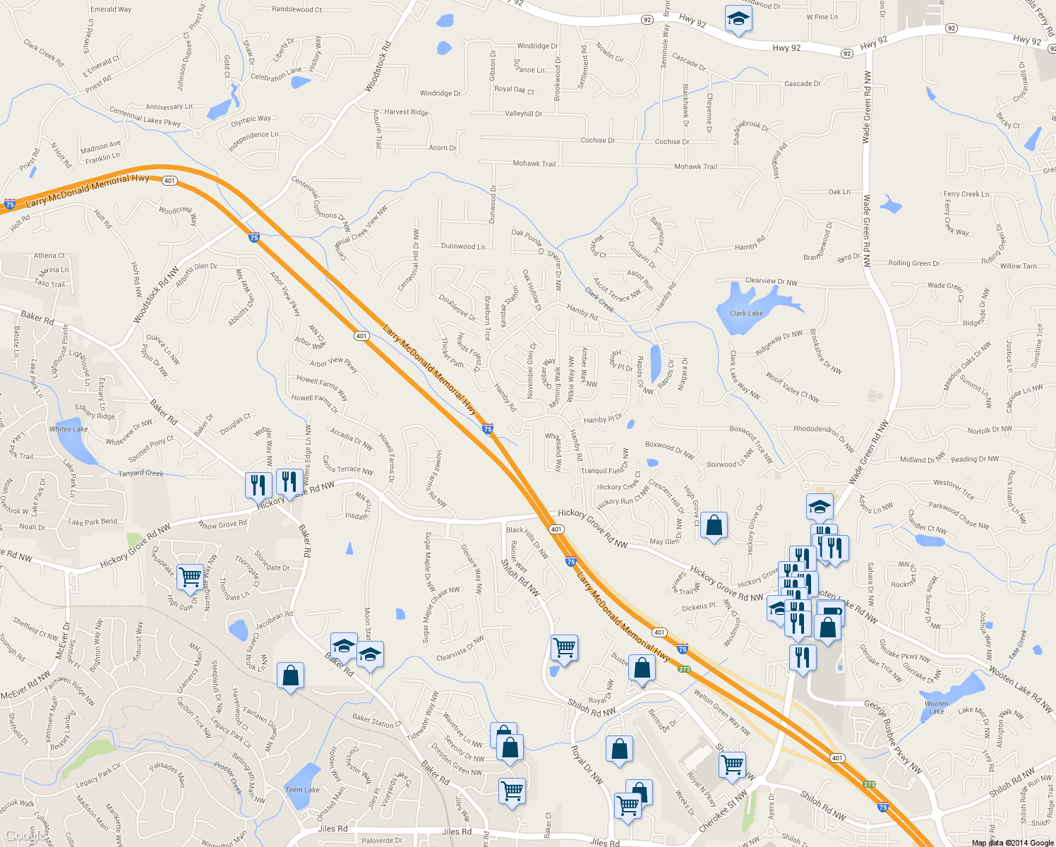 map of restaurants, bars, coffee shops, grocery stores, and more near 2101 Hamby Cove Dr NW in Acworth