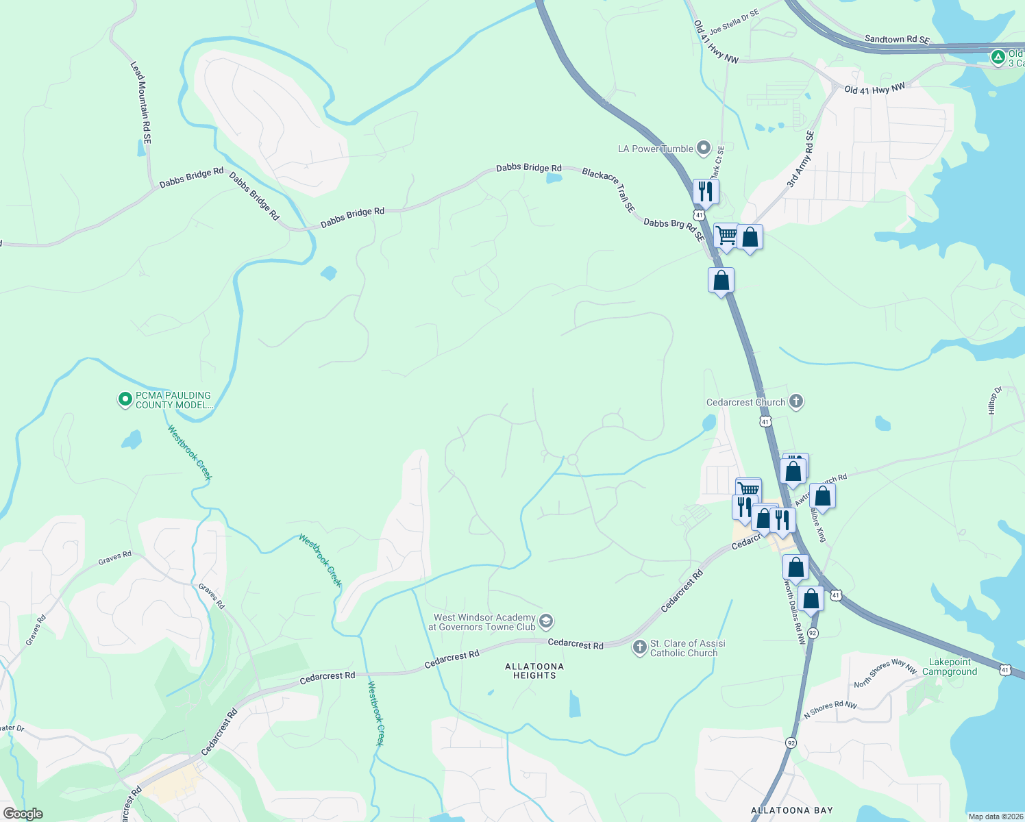 map of restaurants, bars, coffee shops, grocery stores, and more near 50 Brownson Ct in Acworth
