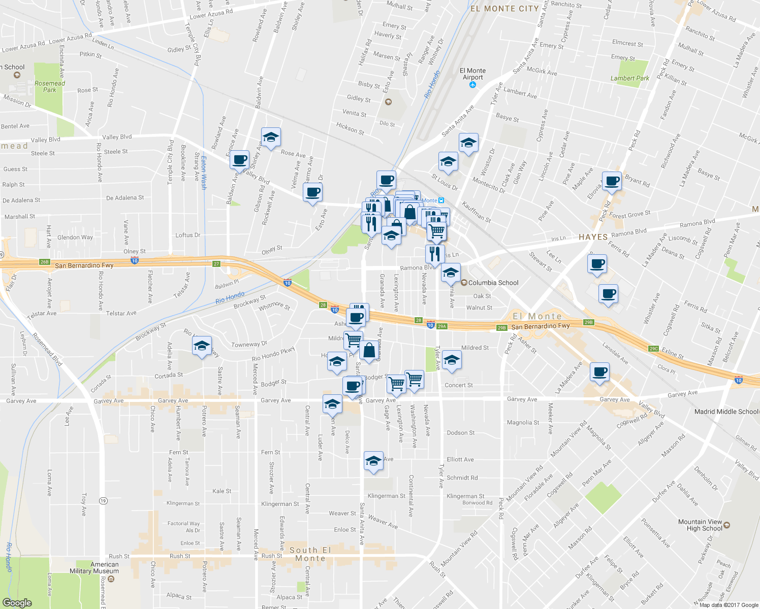 map of restaurants, bars, coffee shops, grocery stores, and more near 3337 Granada Avenue in El Monte