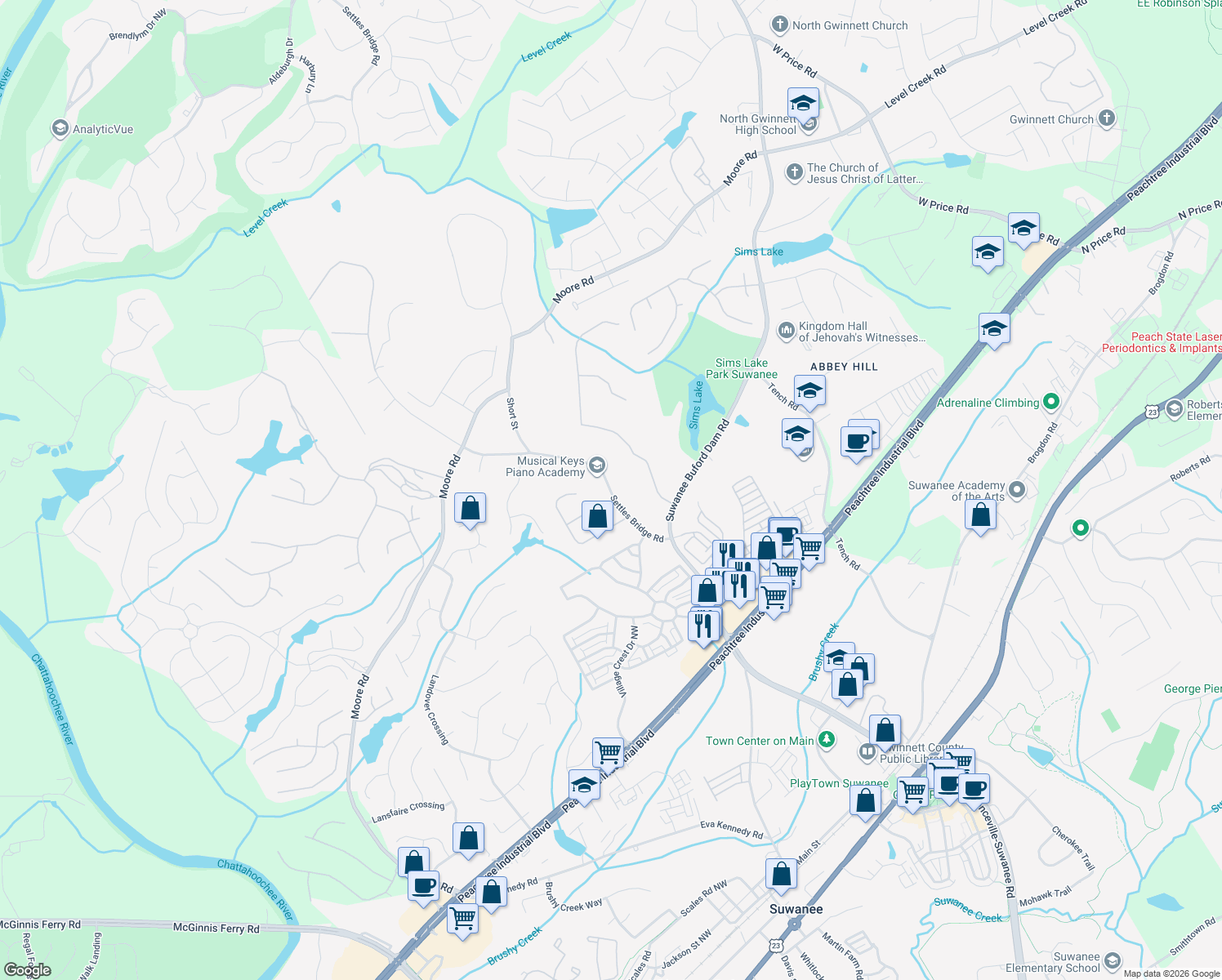 map of restaurants, bars, coffee shops, grocery stores, and more near 4480 Settles Bridge Rd in Suwanee