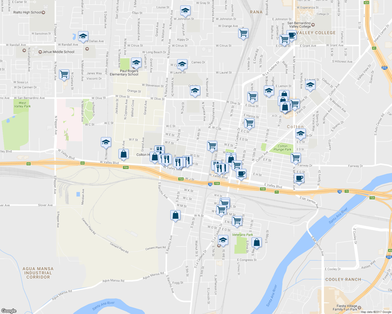 map of restaurants, bars, coffee shops, grocery stores, and more near 390 North 4th Street in Colton