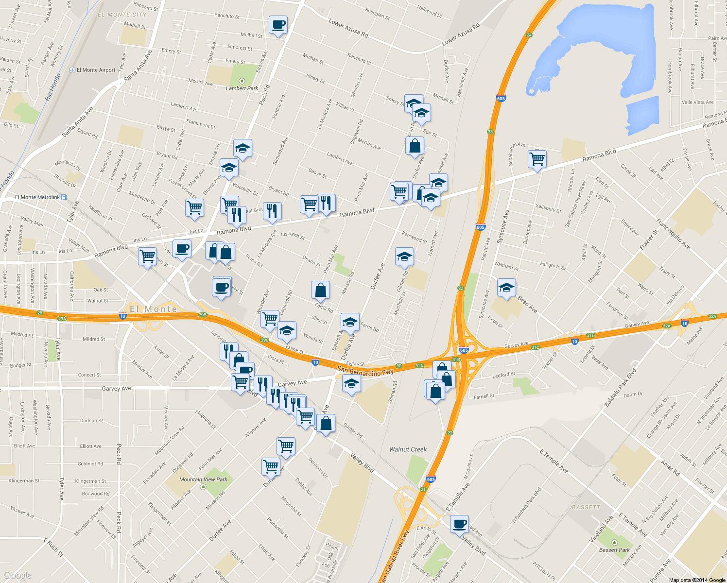 map of restaurants, bars, coffee shops, grocery stores, and more near 3733 Durfee Ave in El Monte