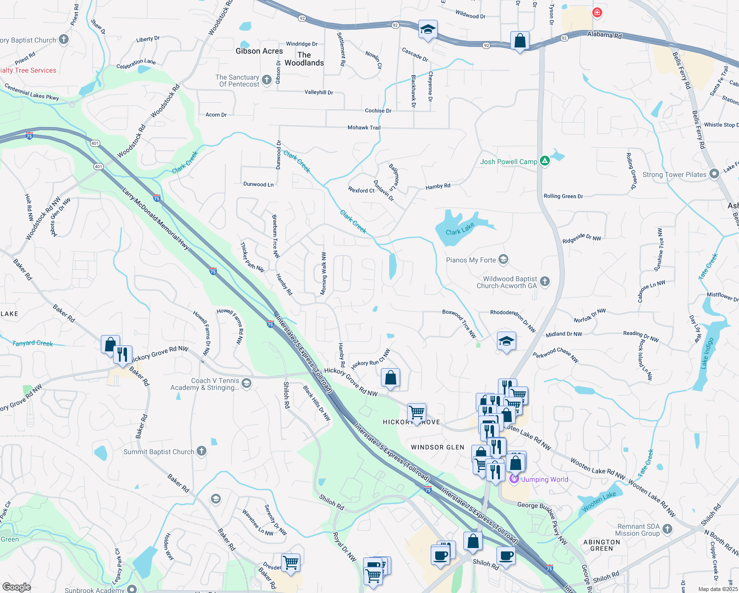map of restaurants, bars, coffee shops, grocery stores, and more near 1923 Hamby Place Drive Northwest in Acworth