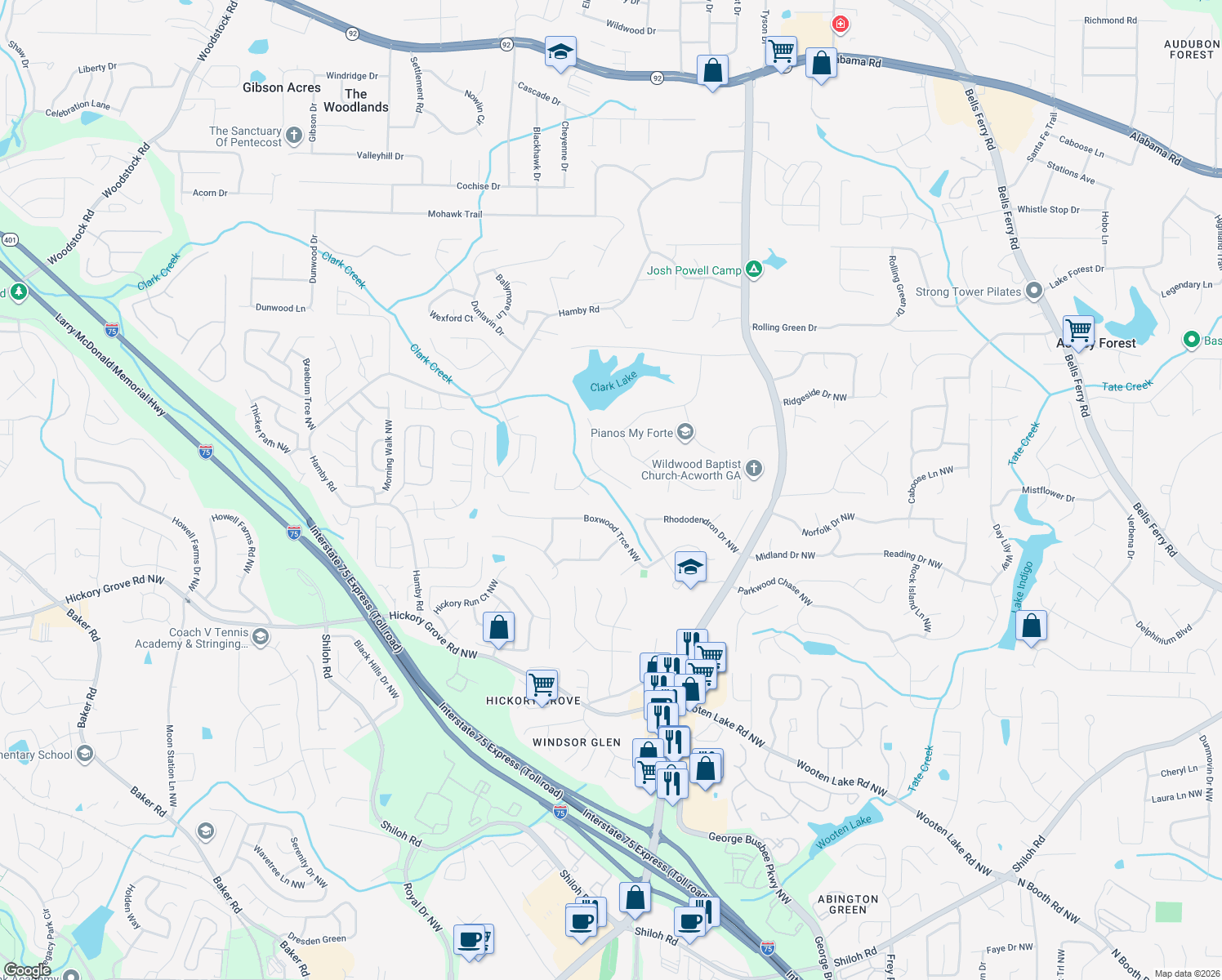 map of restaurants, bars, coffee shops, grocery stores, and more near 4867 Clark Lake Way Northwest in Acworth