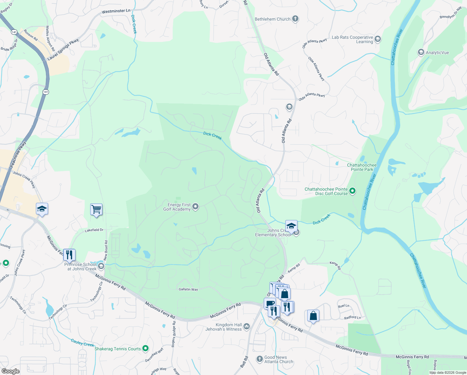 map of restaurants, bars, coffee shops, grocery stores, and more near 8260 Southport Terrace in Duluth