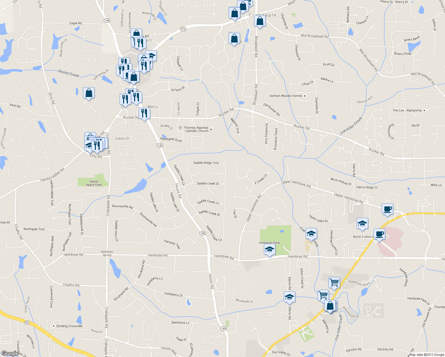 map of restaurants, bars, coffee shops, grocery stores, and more near 845 Saddle Ridge Trce in Roswell