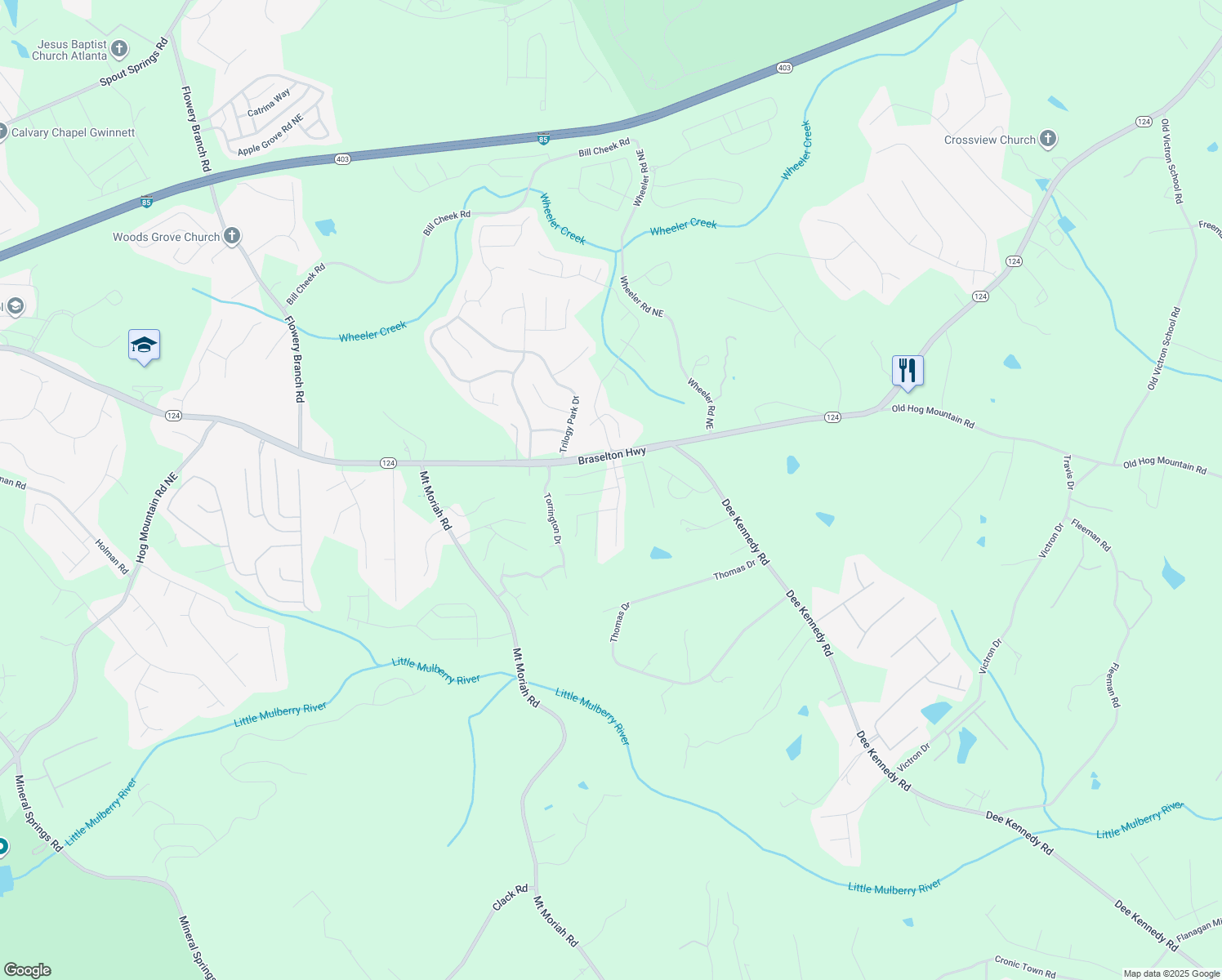 map of restaurants, bars, coffee shops, grocery stores, and more near 5101 Georgia 124 in Auburn