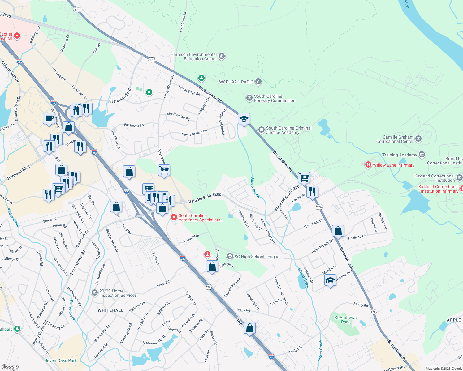 map of restaurants, bars, coffee shops, grocery stores, and more near 1009 Glencroft Dr in Columbia