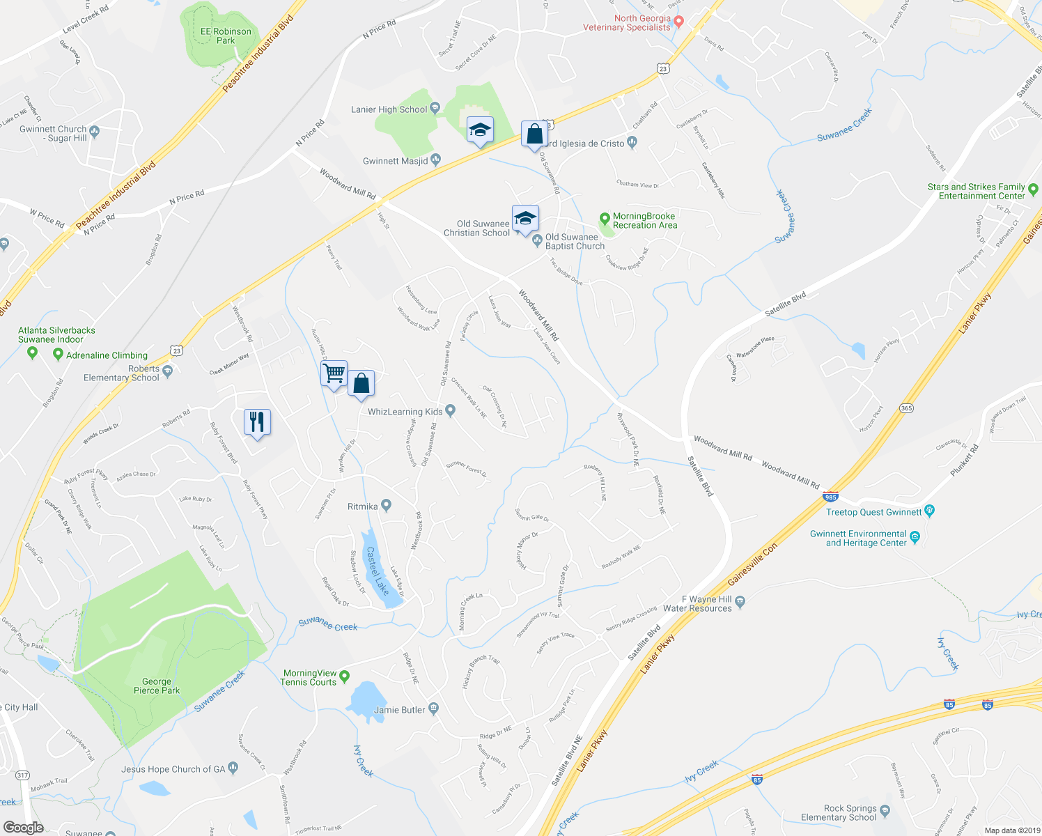 map of restaurants, bars, coffee shops, grocery stores, and more near 3930 Crescent Walk Lane Northeast in Suwanee