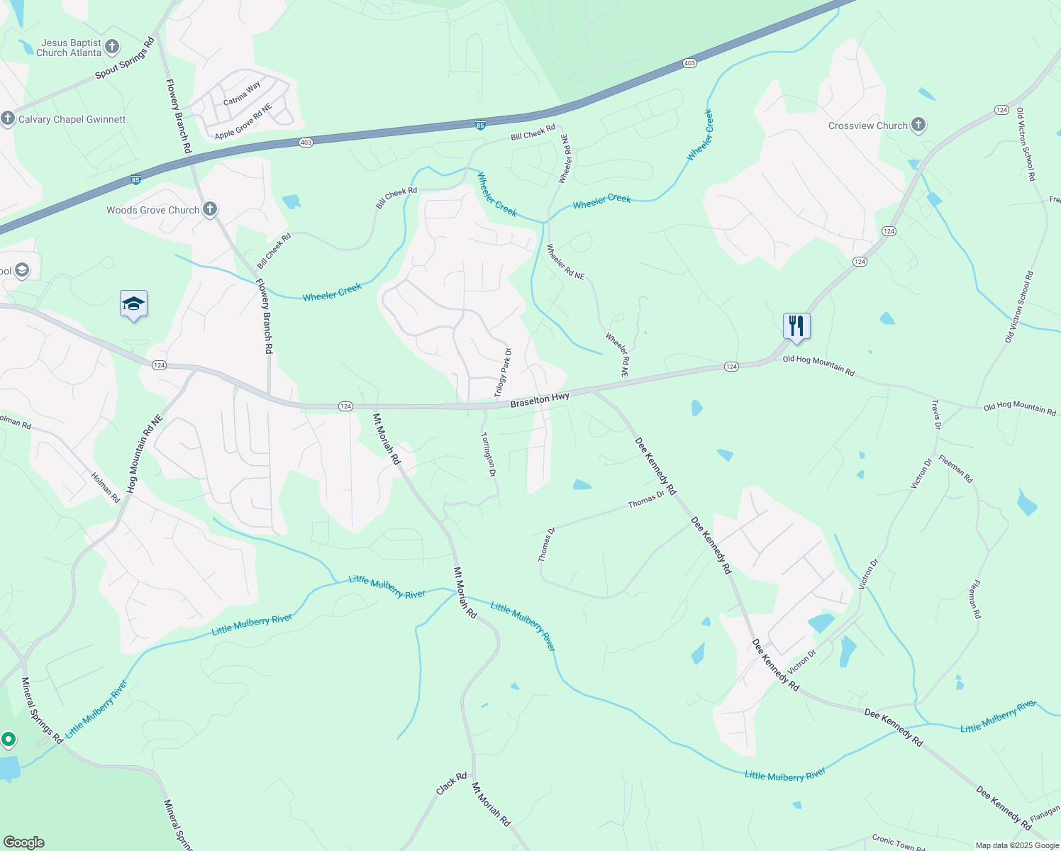 map of restaurants, bars, coffee shops, grocery stores, and more near 5101 Georgia 124 in Auburn