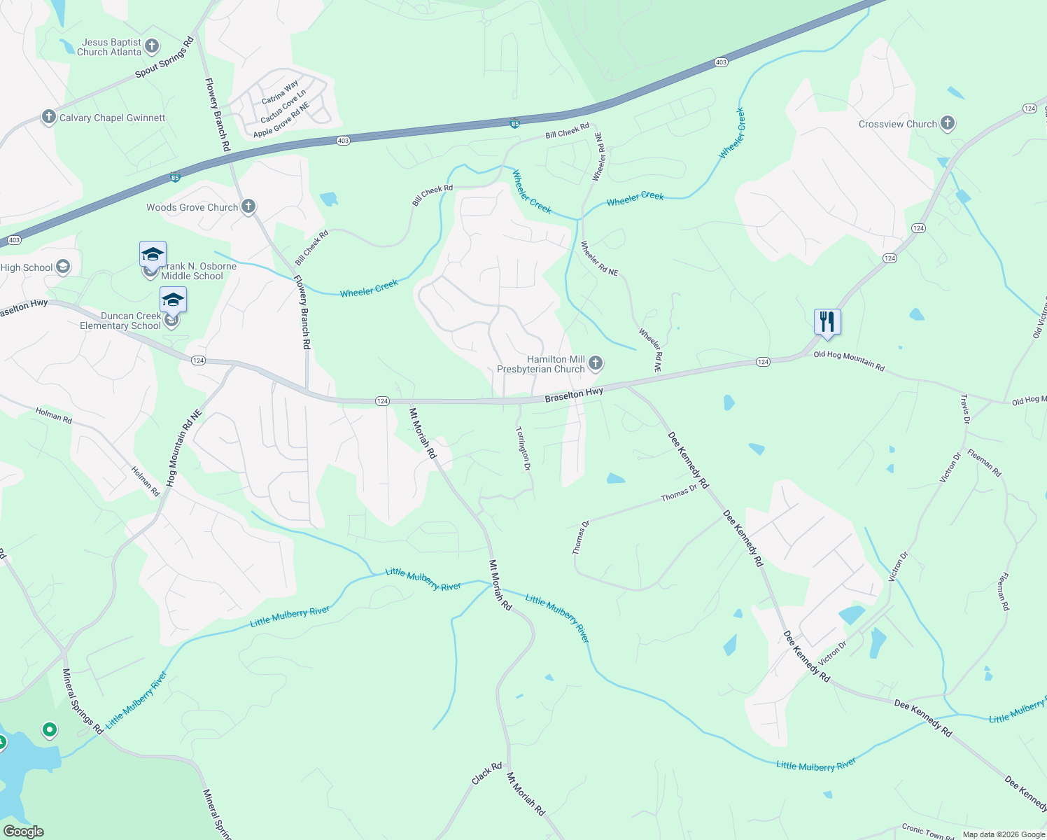 map of restaurants, bars, coffee shops, grocery stores, and more near 1591 Torrington Drive in Auburn