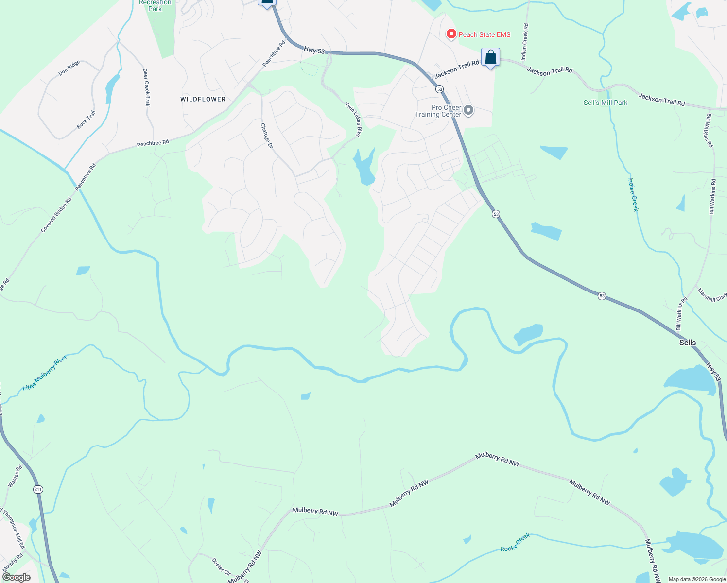 map of restaurants, bars, coffee shops, grocery stores, and more near 404 Clear Lake Pkwy in Hoschton