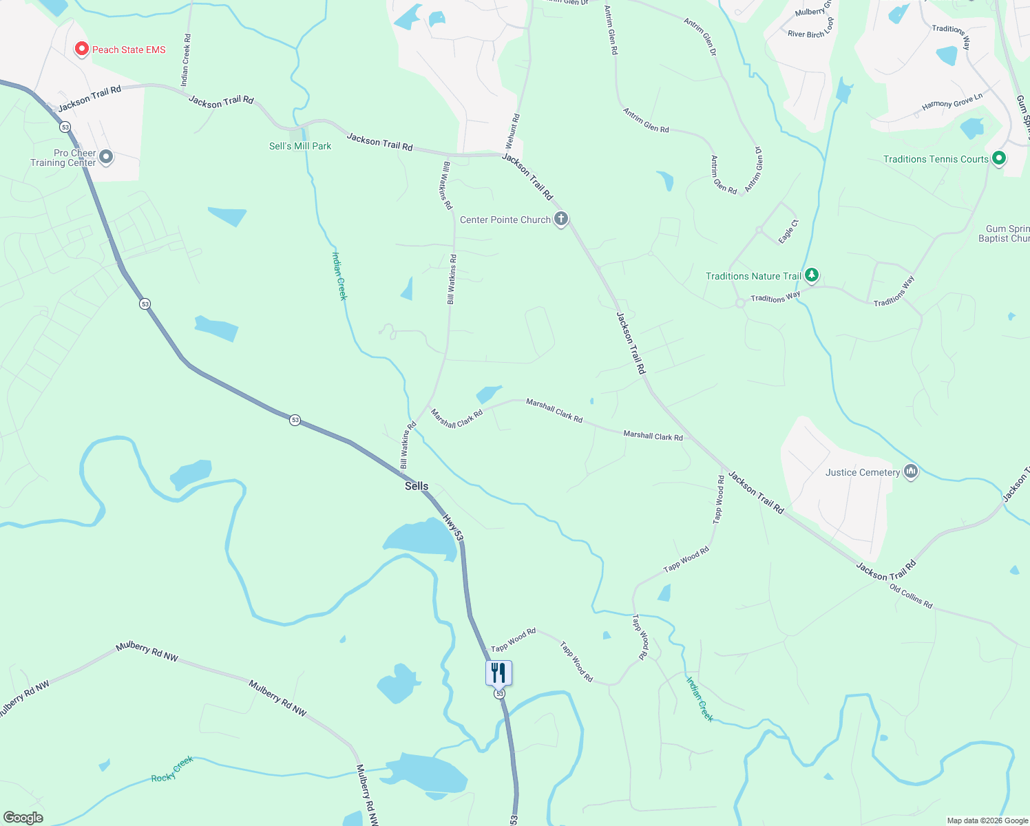 map of restaurants, bars, coffee shops, grocery stores, and more near 675 Marshall Clark Road in Hoschton