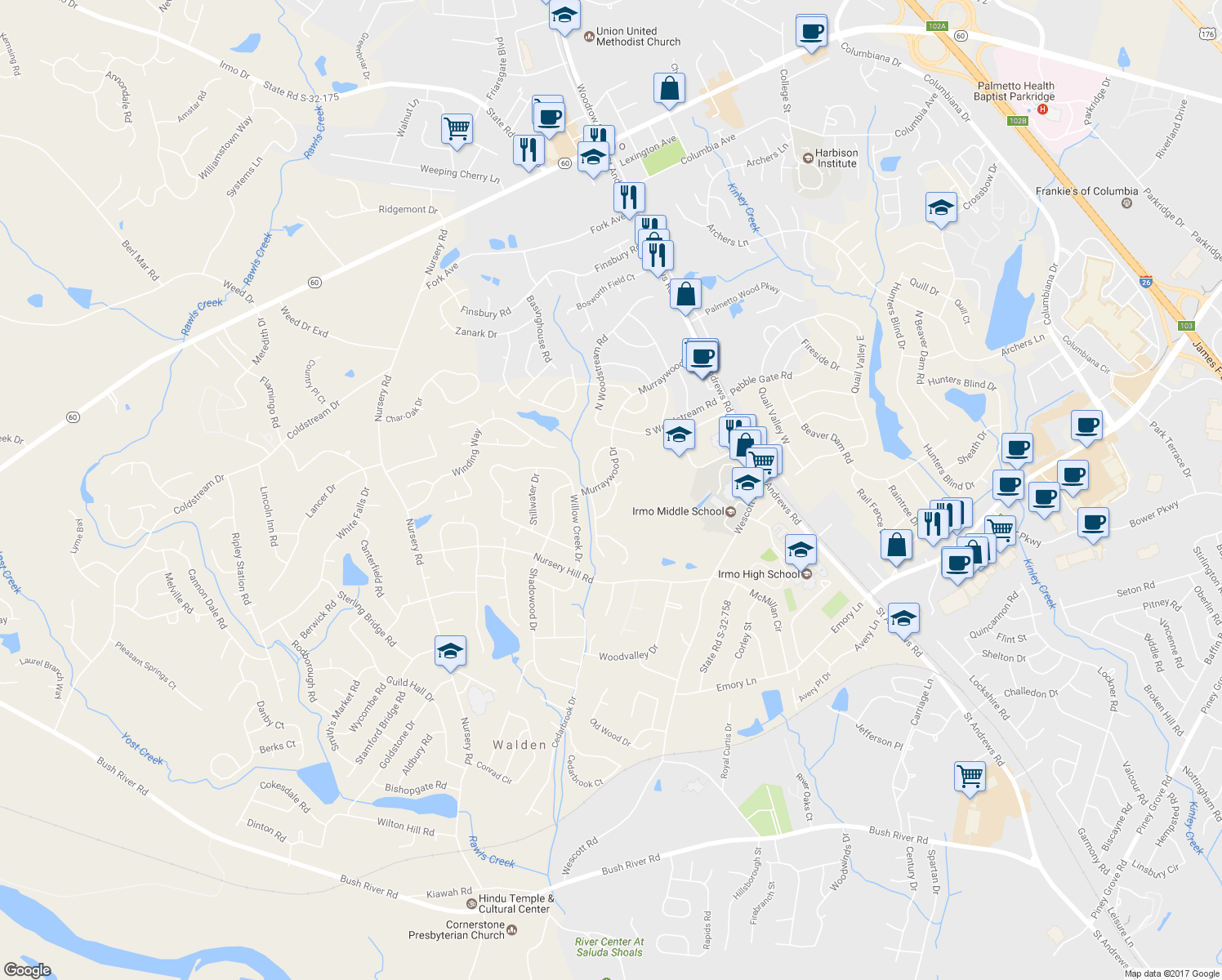 map of restaurants, bars, coffee shops, grocery stores, and more near 310 Mapleview Drive in Columbia
