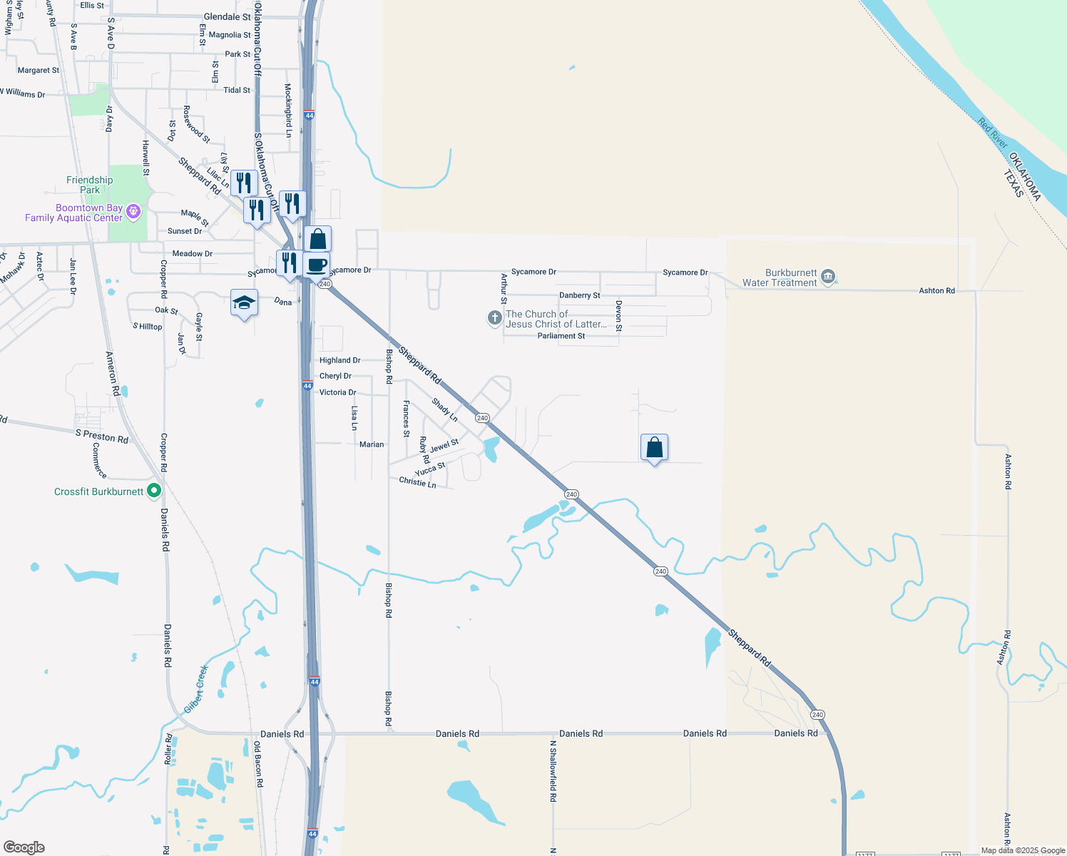 map of restaurants, bars, coffee shops, grocery stores, and more near 1319 Lucille Street in Burkburnett