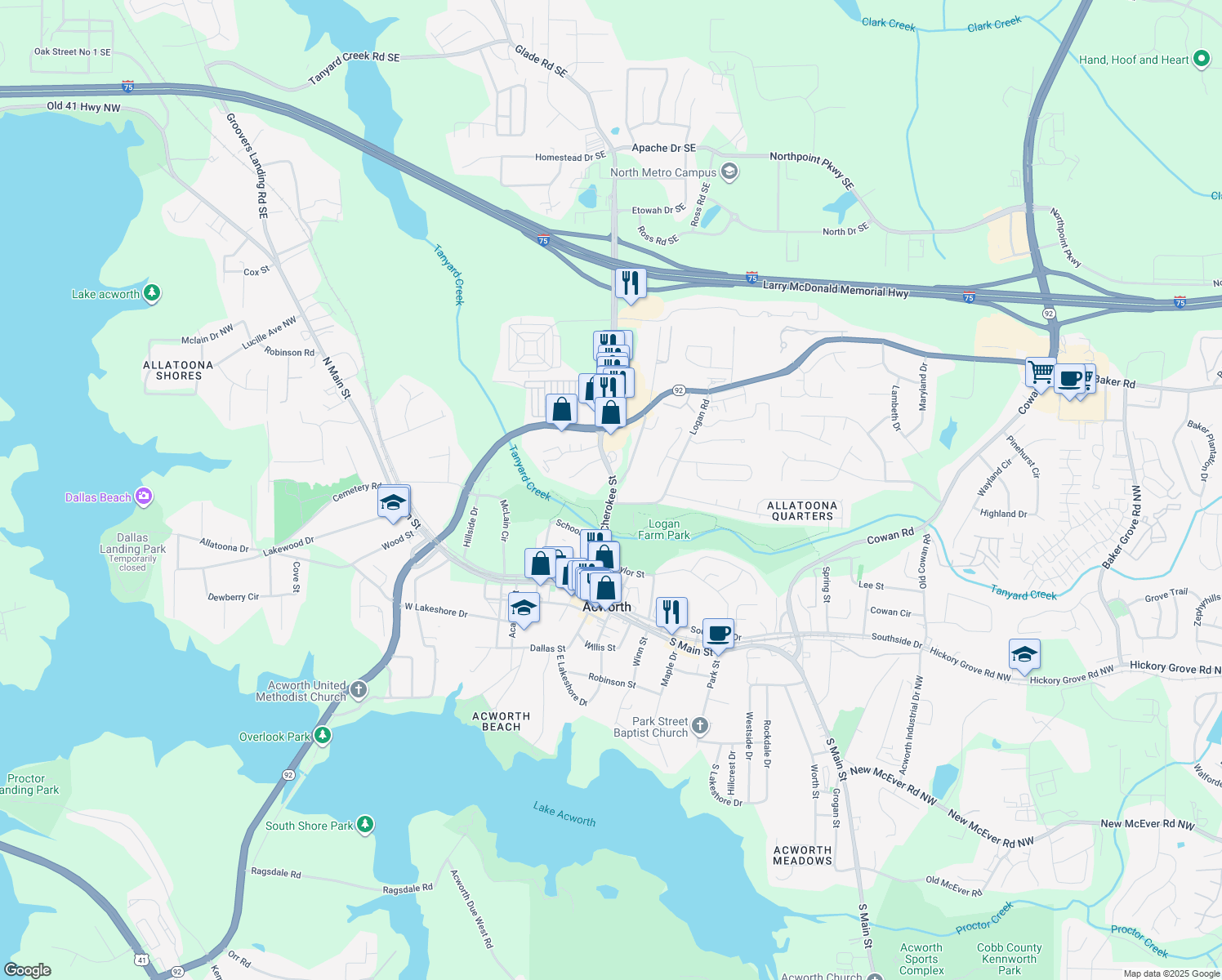 map of restaurants, bars, coffee shops, grocery stores, and more near 4350 Old Cherokee Street in Acworth