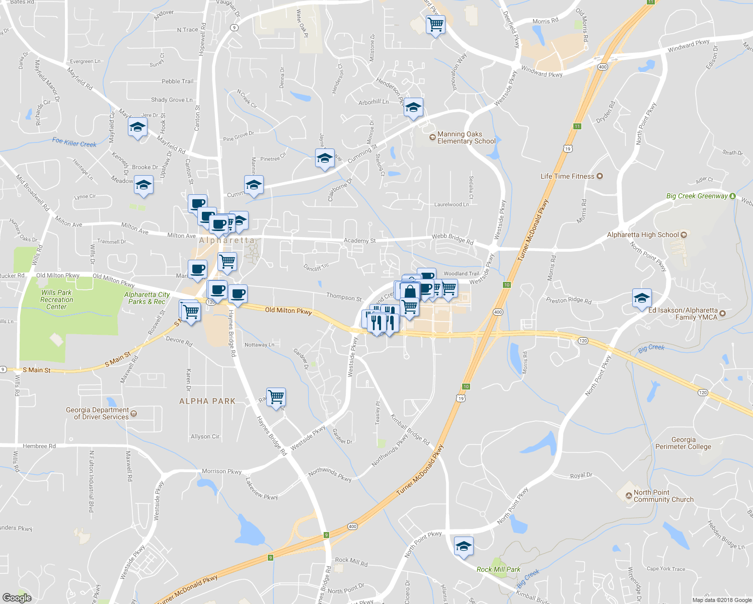 map of restaurants, bars, coffee shops, grocery stores, and more near Westside Parkway in Alpharetta