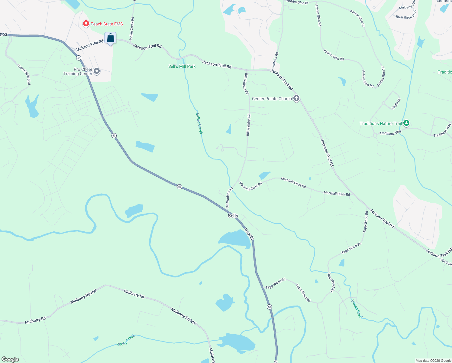 map of restaurants, bars, coffee shops, grocery stores, and more near 241 Bill Watkins Road in Hoschton