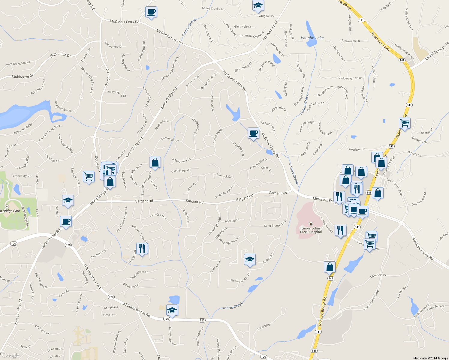 map of restaurants, bars, coffee shops, grocery stores, and more near 410 Millhaven Way in Alpharetta