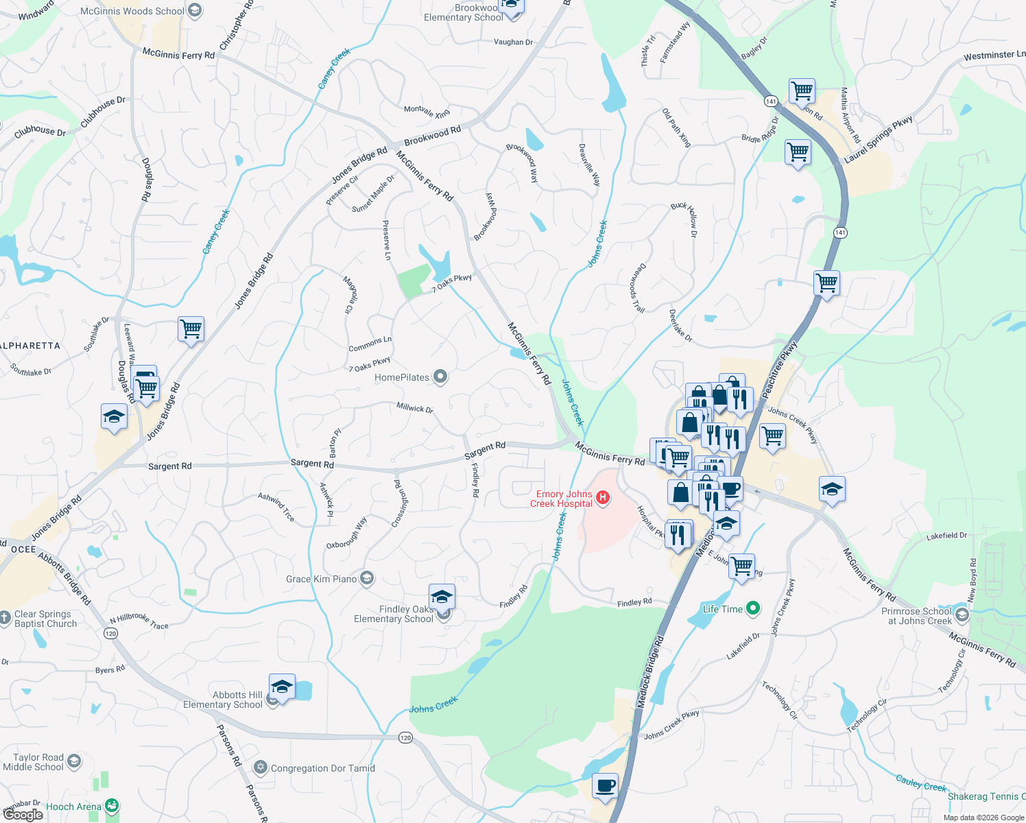 map of restaurants, bars, coffee shops, grocery stores, and more near 720 Quail Run Ct in Alpharetta