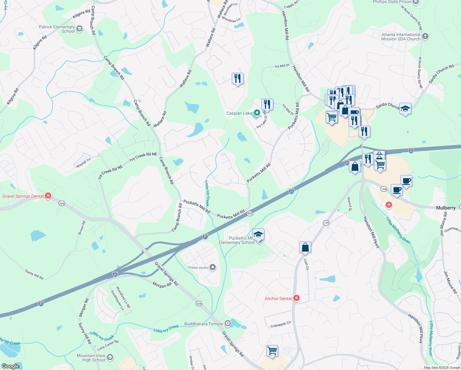 map of restaurants, bars, coffee shops, grocery stores, and more near 2925 Ivy Brook Lane Northeast in Buford