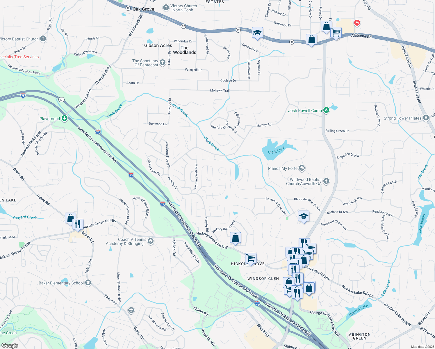 map of restaurants, bars, coffee shops, grocery stores, and more near 1872 Hamby Place Drive Northwest in Acworth