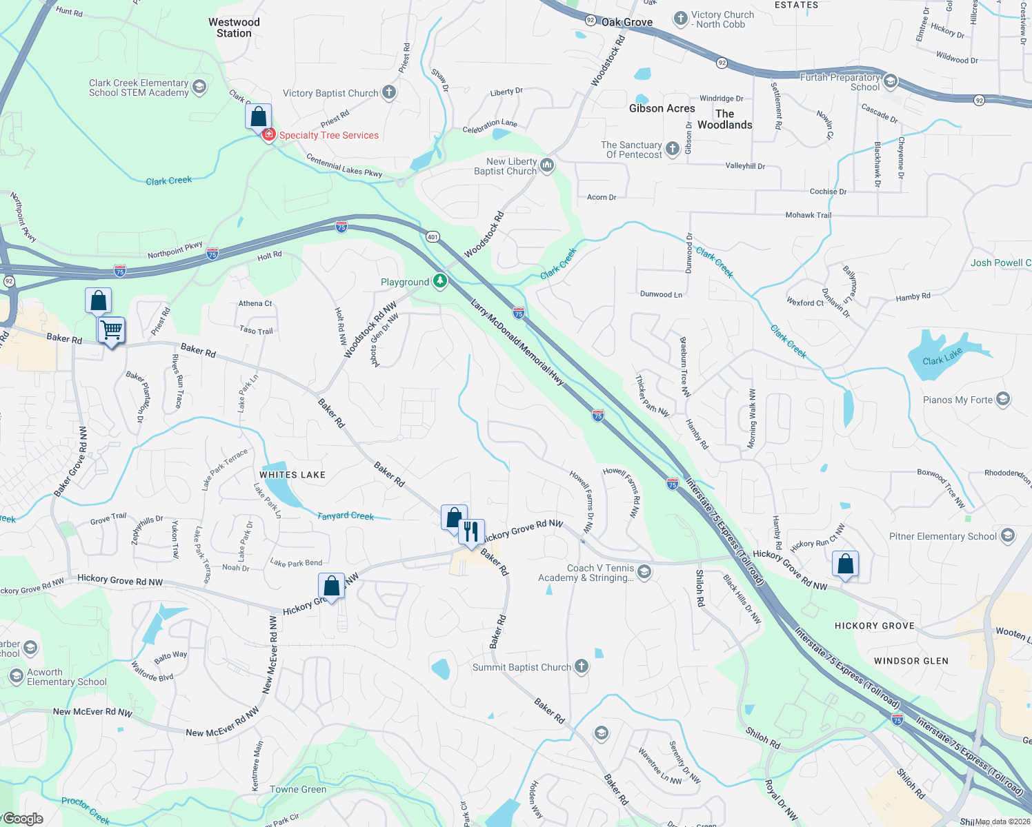 map of restaurants, bars, coffee shops, grocery stores, and more near 4898 Arbor View Parkway in Acworth