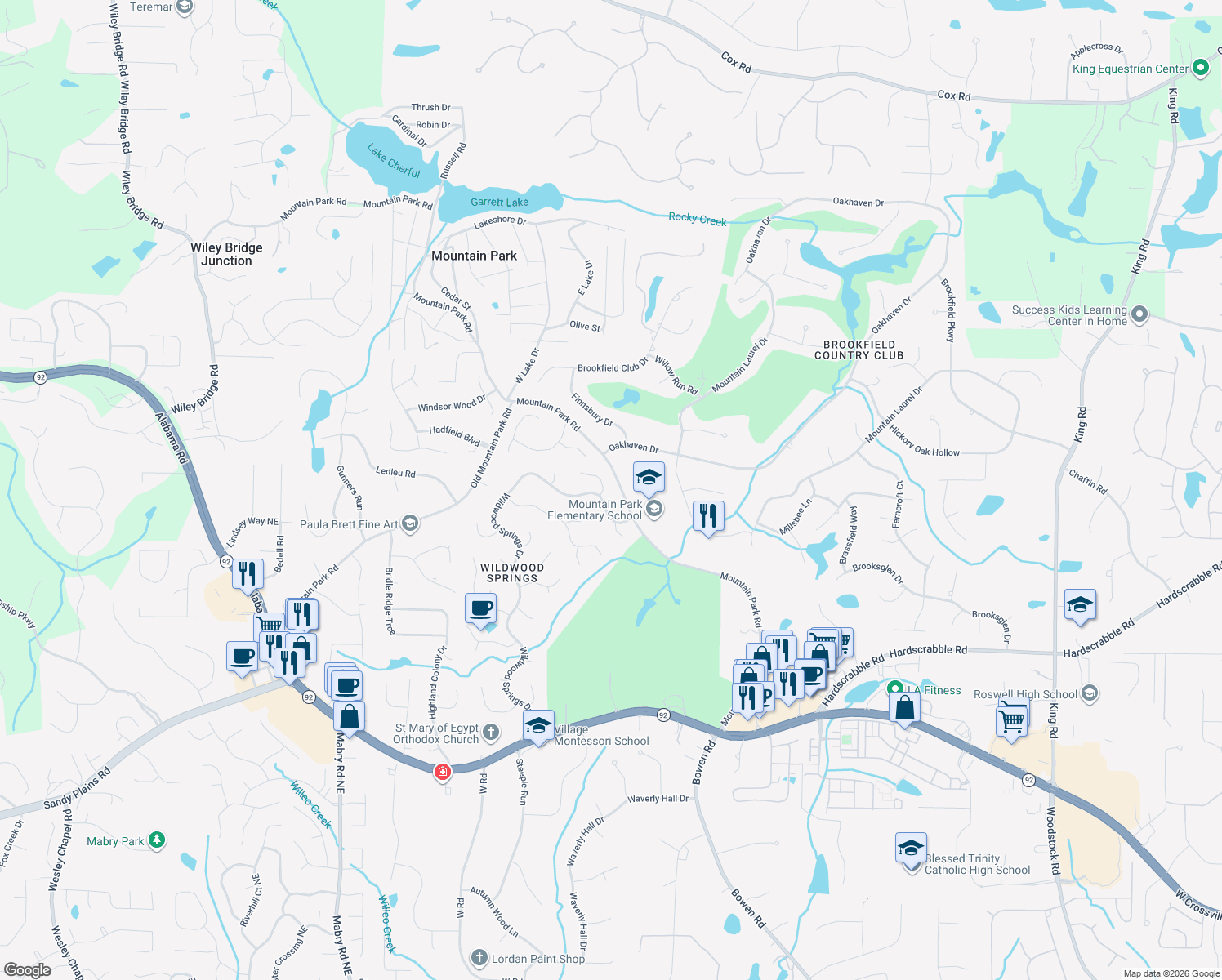 map of restaurants, bars, coffee shops, grocery stores, and more near 505 Trailside Ct in Roswell