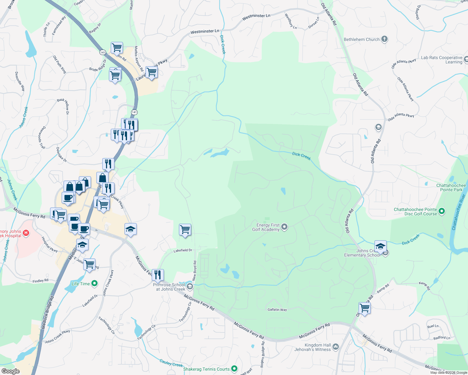 map of restaurants, bars, coffee shops, grocery stores, and more near 9055 Campestral Court in Duluth