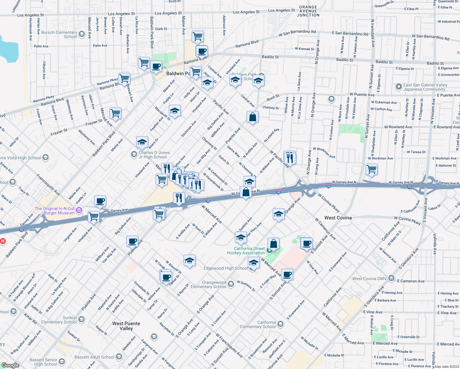 map of restaurants, bars, coffee shops, grocery stores, and more near 2317 West Cedarwood Street in West Covina