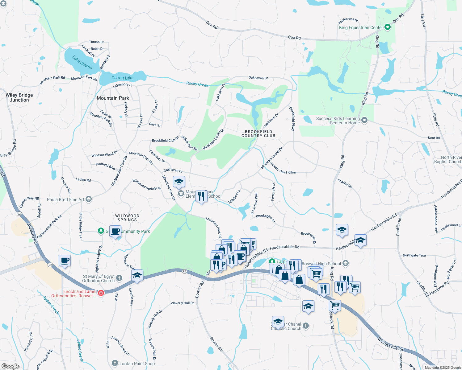 map of restaurants, bars, coffee shops, grocery stores, and more near 11815 Mountain Laurel Dr in Roswell