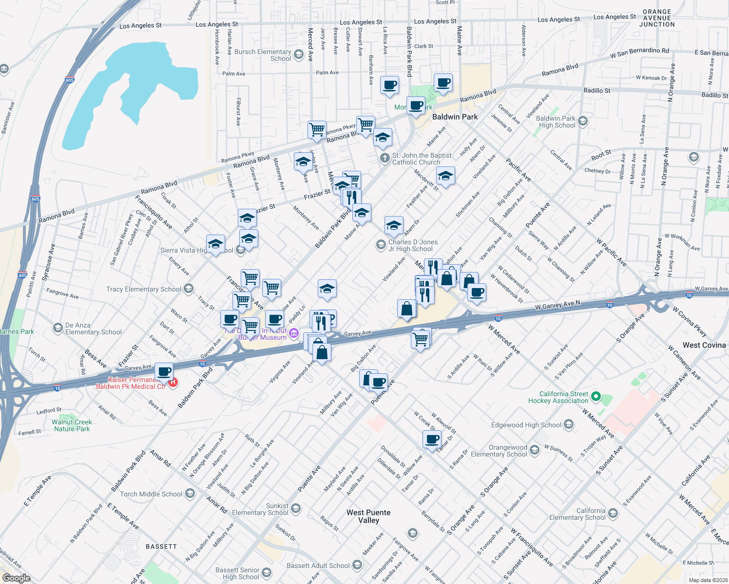 map of restaurants, bars, coffee shops, grocery stores, and more near 14071 Rexwood Avenue in Baldwin Park